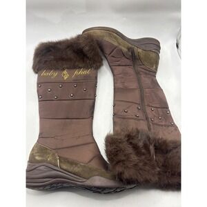 Baby Phat Brown Quilted Fur Trimmed Boots with Rhinestones Side Zip Wedge size 8